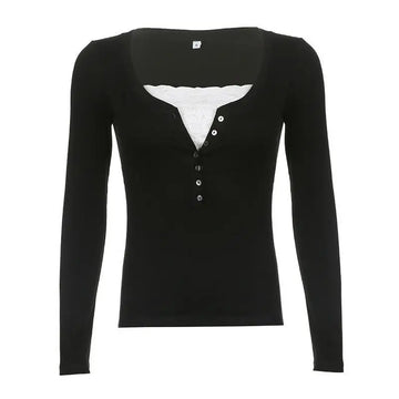 MQTIME  -  Women's Y2K Vintage Grunge Lace Patchwork 1/2 Button Pullovers Fake Two Pieces Slim Fit T-shirt Long Sleeve Tops